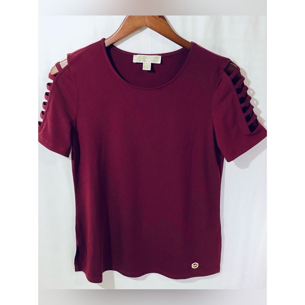 Michael Kors Wine Red Burgondy Short Sleeve Top Ladder Shoulder Cutouts XL